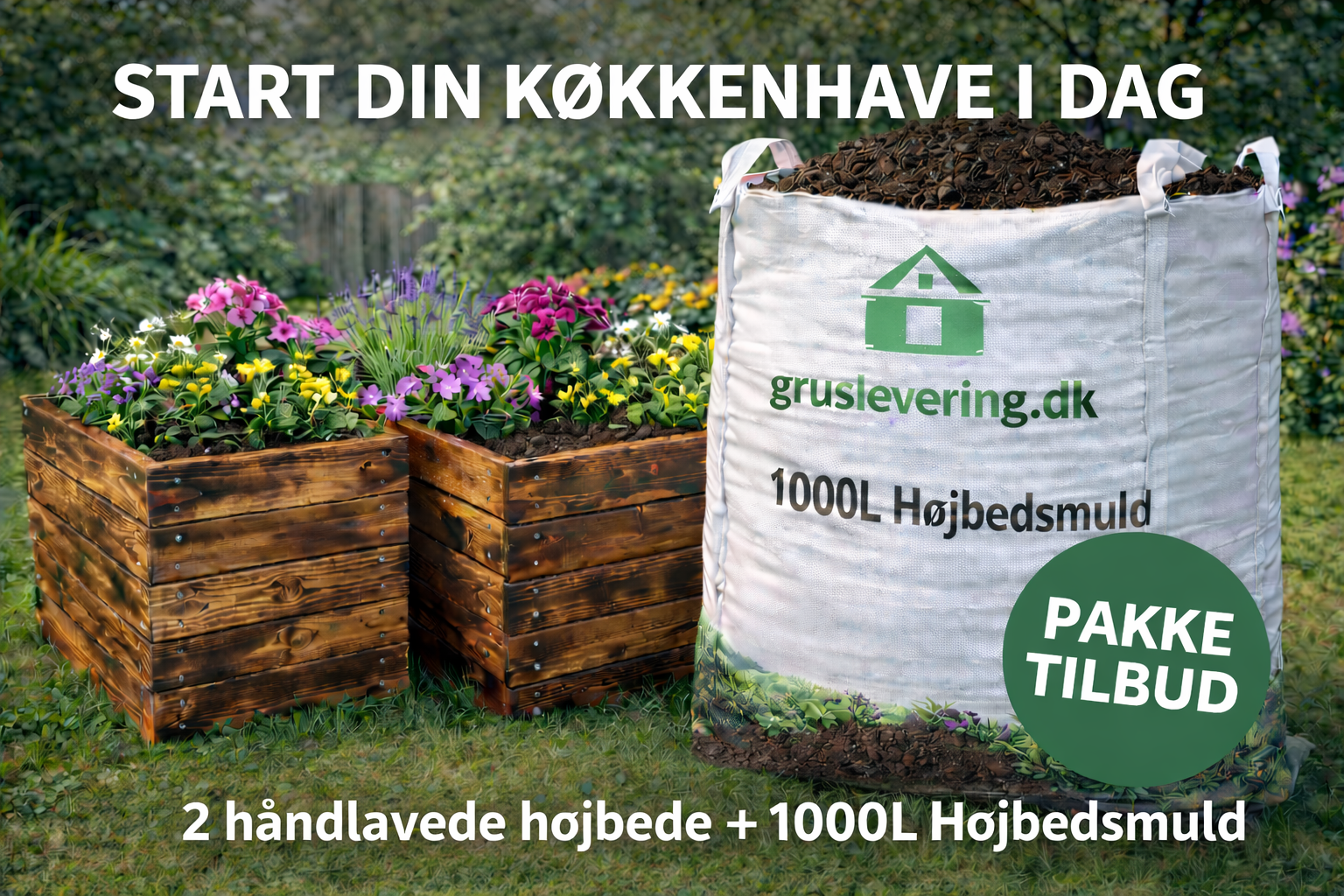 2 højbede i brændt og olieret fyr + 1000L højbedsmuld