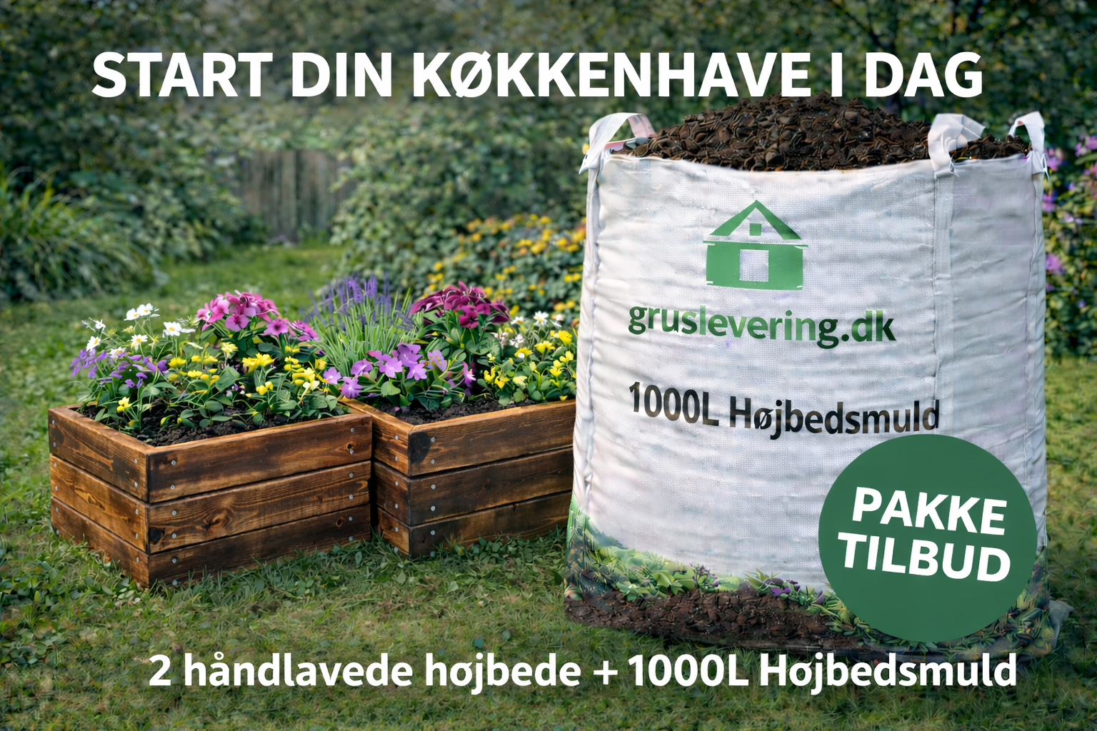 Højbedspakke med jord - 2 højbede og komplet løsning til køkkenhaven