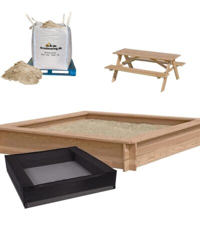 Sandkasse 150x150cm i lærk, 450kg sand, net og børne bord og bænke